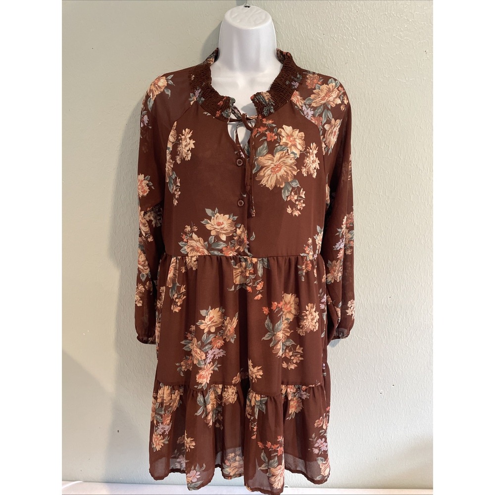 American Eagle Cottage Core Floral Tiered‎ Long Sleeved Brown Dress Small